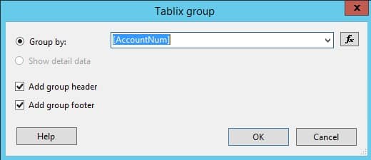 Tablix Group screenshot Dynamics 365 for Finance and Operation