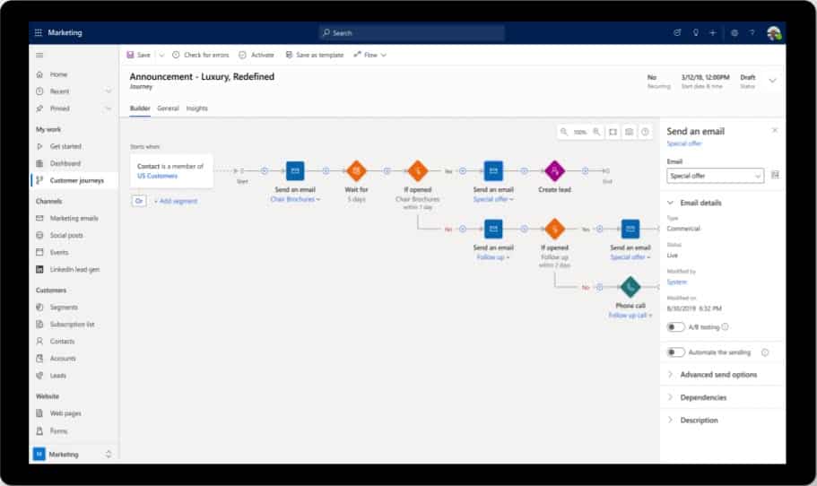 Customer journey screenshot from Dynamics 365 Marketing showing outreach flow